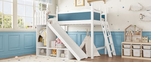 English Elm Twin Loft Bed Solid Pine Frame with Wardrobe Shelving Detachable Slide Kids Room White+Blue W5305S00019