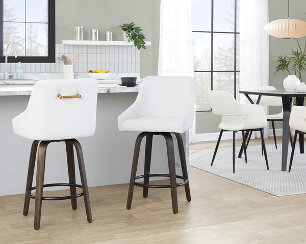 English Elm 26" Swivel Counter Stools Walnut Bentwood Gold Accents White Faux Leather Set of 2 B202S01835