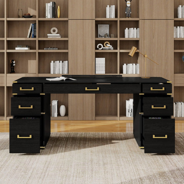 English Elm 70" Executive Writing Desk with Gold Metal Trim Seven Drawers and Built-in Power Outlets N751S376579B