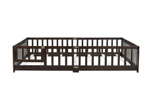 English Elm Queen Floor Bed with Safety Fence and Guardrails, Rubberwood Low Profile Platform for Kids Espresso W504P286390