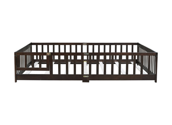 English Elm Queen Floor Bed with Safety Fence and Guardrails, Rubberwood Low Profile Platform for Kids Espresso W504P286390