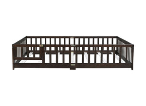 English Elm Queen Rubber Wood Floor Bed with Full Perimeter Safety Fence and Hinged Access Door Espresso W504P429342