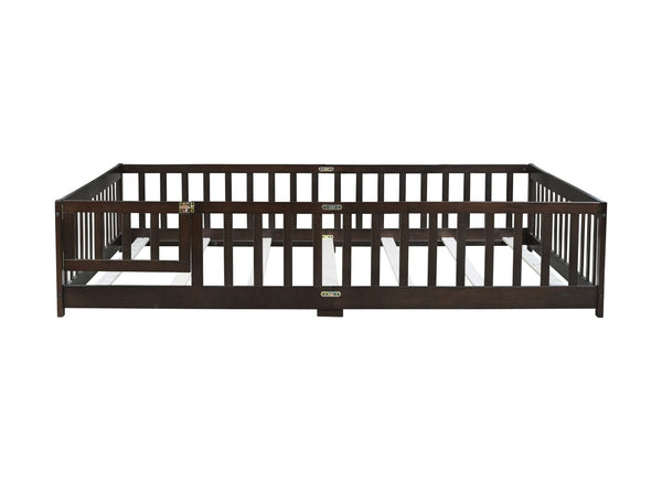 English Elm Queen Rubber Wood Floor Bed with Full Perimeter Safety Fence and Hinged Access Door Espresso W504P429342