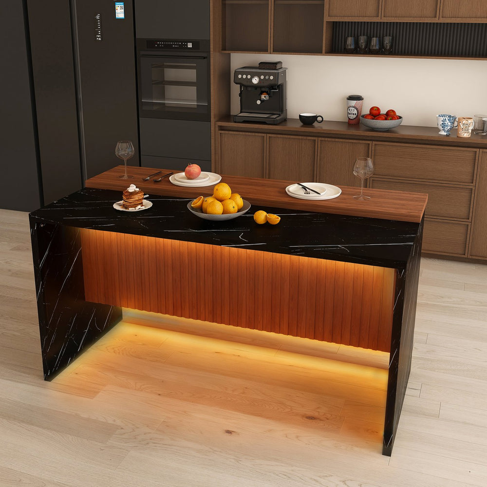 English Elm 63" Modern Kitchen Island with Black Marble-Look Surface, LED Ambient Lighting & Grille Accent Walnut+black W2699P365915