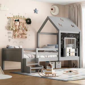 English Elm Full Bunk Bed with Trundle Bookshelf Storage Pine Frame Car Design for Kids Gray W1580S00294
