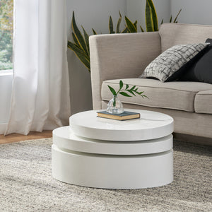English Elm Christopher Knight Home® - MODERNESQUE Oval Rotating Coffee Table with 3-Tier Swivel Surfaces, Plywood Build, Sleek Modern Functionality Gloss White N758P245072W
