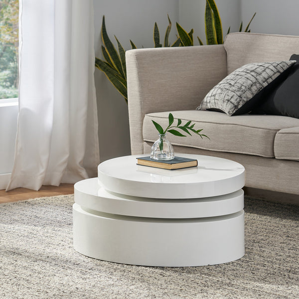 English Elm Christopher Knight Home® - MODERNESQUE Oval Rotating Coffee Table with 3-Tier Swivel Surfaces, Plywood Build, Sleek Modern Functionality Gloss White N758P245072W