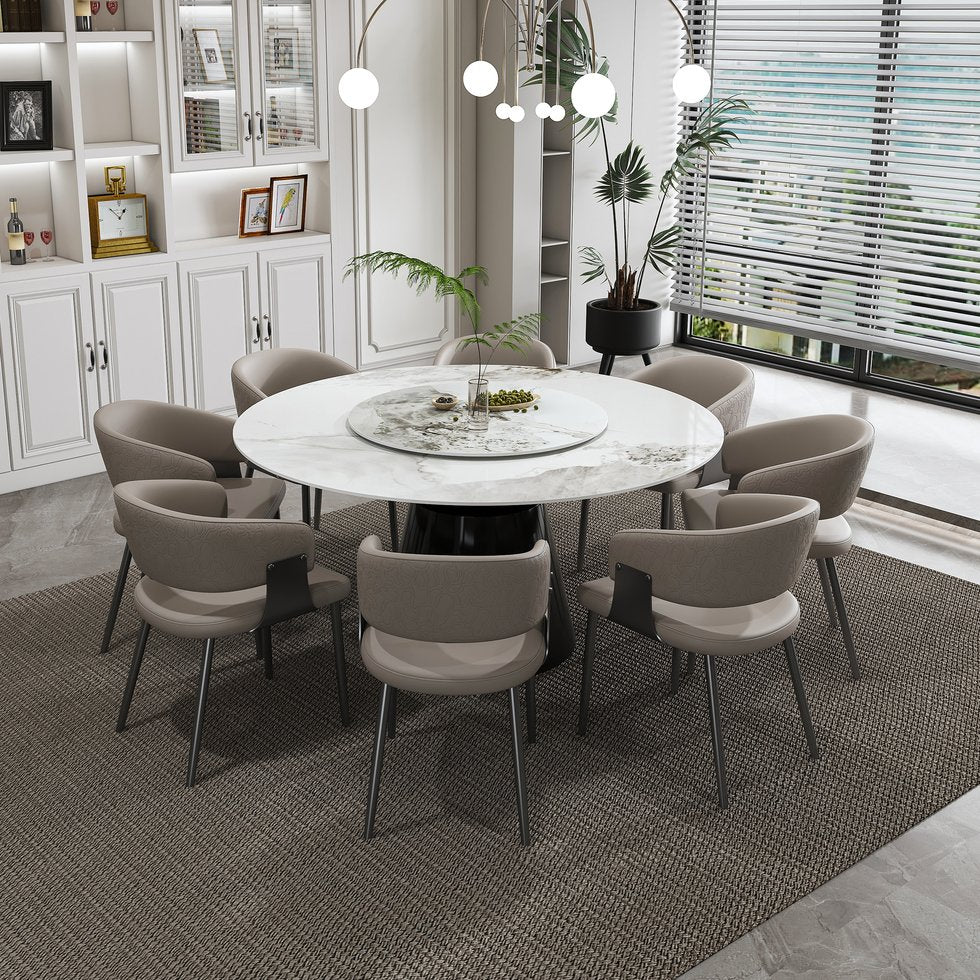 English Elm 59" Round 9-Piece Dining Set - Elegant Faux Marble Table With Rotating Tray & 8 Luxe Pu Leather Chairs W2700S00037