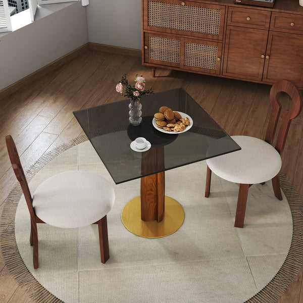 English Elm Modern Square Dining Table, 33.5" Glass Top With Wooden Legs & Gold Base - Stylish, Space-Saving Design W1535S00605