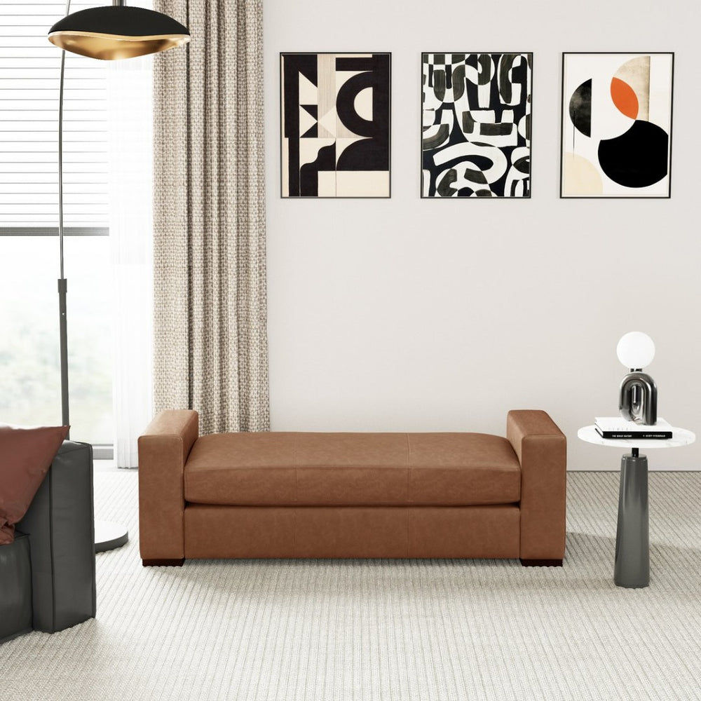 English Elm Stylish Faux Leather Bench Ottoman with Sculpted Arms for Bedroom or Living Room N769P426918D