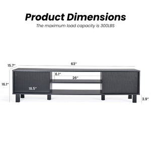 English Elm Modern Low Profile Media Console with Open Shelving and Concealed Cabinet Storage Black T3623P435424