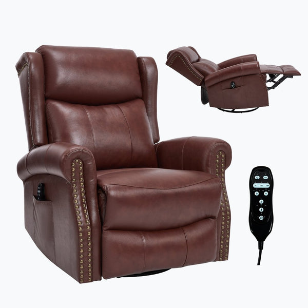 English Elm Heat Massage Rocker Swivel Recliner Genuine Leather Chair with Lumbar Vibration Nodes W3224S00014
