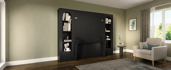 English Elm Queen Murphy Platform Bed with Foldaway Cabinet, Built-In LED, Side Cabinets & Drawers for Small Spaces Black N7090002226B