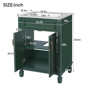 English Elm 24'' Bathroom Vanity with Sink - Solid Wood Frame, Glossy Ceramic Basin, Soft-Close Doors & Ample Storage Elegant Modern Design, Durable MDF Construction, Retro Metal Handles, Compact 24-inch Cabinet Green N710P317675F