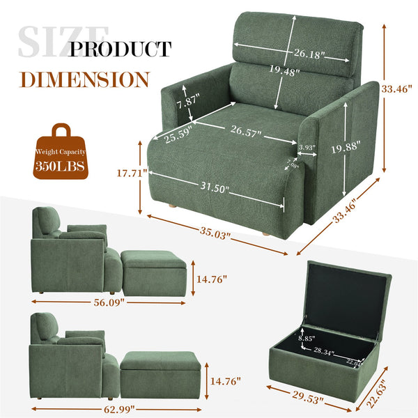 English Elm Oversized Storage Ottoman Accent Chair with Deep Wide Seat, Mid-Century Upholstered Lounge Sofa for Cozy Reading and Relaxation Dark Green W1028S00045