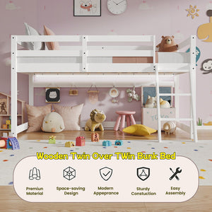 English Elm Kids Twin Low Loft Bed with Built-In LED Strip, Solid Pine Convertible Bunk Frame, Modern Durable Design White W1820P331925