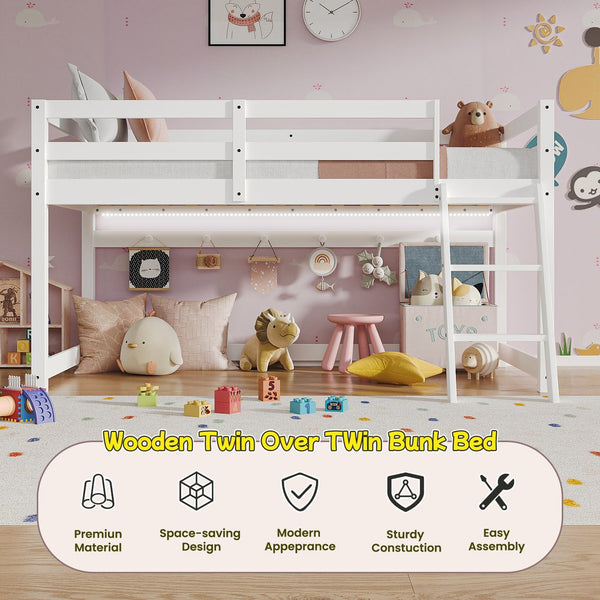 English Elm Kids Twin Low Loft Bed with Built-In LED Strip, Solid Pine Convertible Bunk Frame, Modern Durable Design White W1820P331925