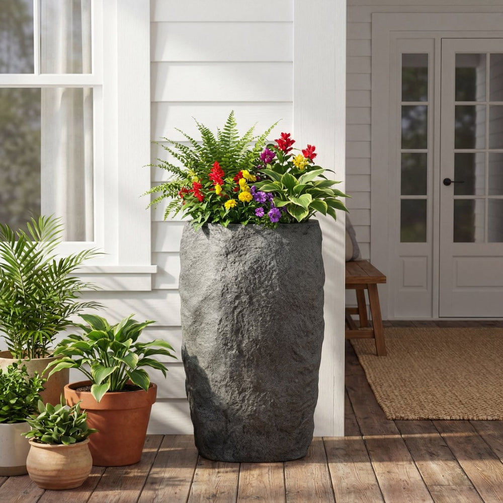 English Elm Polyresin Cast Stone Urn Planter Weathered Gray Finish Tall Outdoor Patio Garden N772P450043G