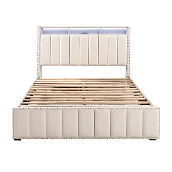 English Elm Beautiful Upholstered Full Bed with Led Lighting Storage Shelves and Channel Tufted Headboard Beige B2741S00770