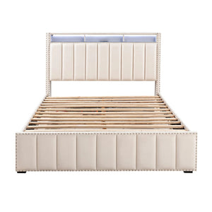 English Elm Contemporary Queen Bedroom Set Channel Tufted Upholstered Bed with Led Headboard Nightstands Beige B2741S00775