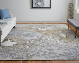 Feizy Rugs Astra Abstract Watercolor Rug – Elevate Your Space With Luxurious Metallic Designs And Soft Texture Gray,Gold,Ivory Polyester,Polypropylene Ara39l3fgrygldj00