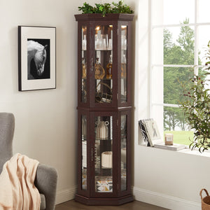 English Elm Lighted Corner Curio Cabinet - Elegant Glass Display With Adjustable Shelves & Ambient Lighting - Dark Cherry W1758P300130
