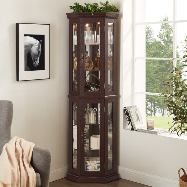 English Elm Lighted Corner Curio Cabinet - Elegant Glass Display With Adjustable Shelves & Ambient Lighting - Dark Cherry W1758P300130