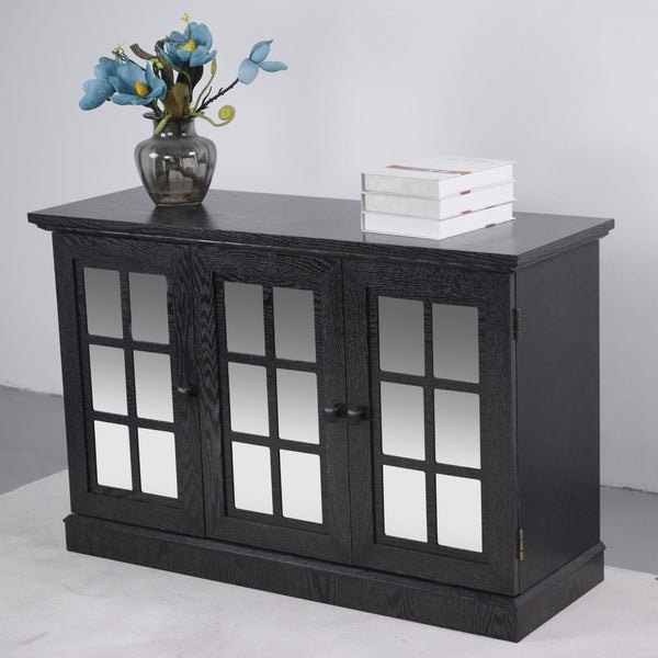 English Elm 45" Mirrored Acrylic Door Sideboard Mdf Buffet Cabinet with Adjustable Shelves Black W2899P372750