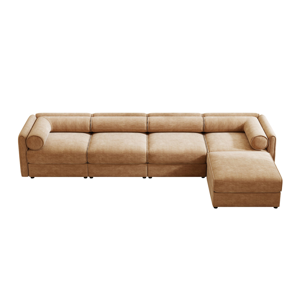 English Elm Modular Sectional Sofa With Smart Storage, Ergonomic Cylindrical Backrest & Luxurious Camel Upholstery W714S01231