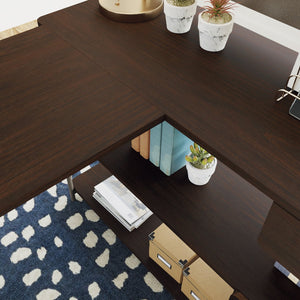English Elm L-Shaped Desk In Warm Brown Finish - Versatile, Stylish Workspace With Smart Storage & Cable Management B356P367806