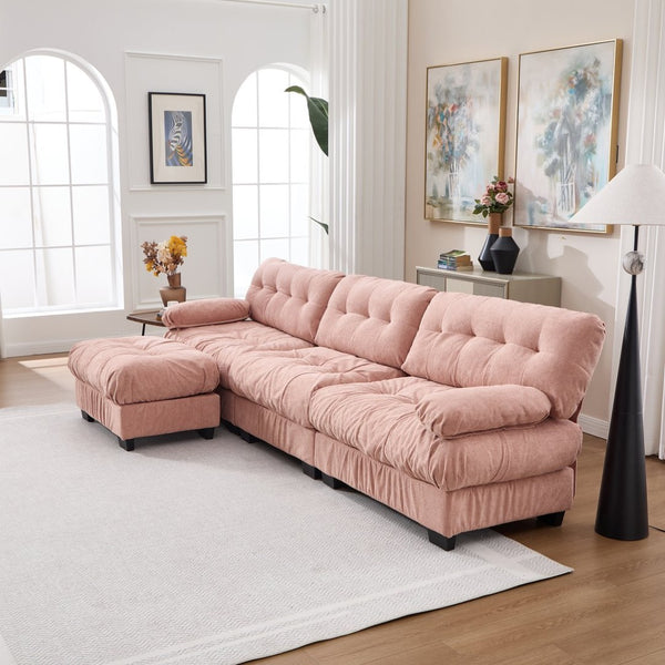 English Elm Modular Cloud Sectional Sofa Flannelette Deep Seat L Shape with Movable Ottoman Pink W2120S00036