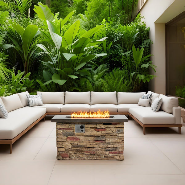English Elm 42" Propane Fire Pit Table 50,000 BTU Rectangular MgO Top Hidden Tank Cover Glass Beads, ETL Reviewed W853P293858