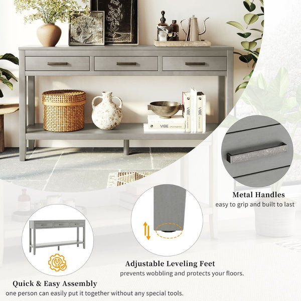 English Elm U_style Farmhouse Console Table with Three Drawers Open Shelf Entryway Organizer N711P410445E