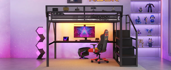 English Elm Queen Metal Loft Bed with Desk Charging Station Rgb Lighting and Storage Stairs W2580S00091
