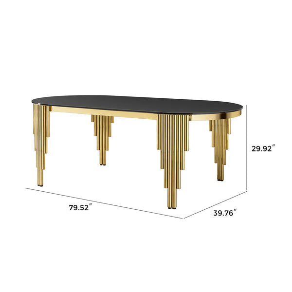 English Elm 79.53" Oval Black Tempered Glass Dining Table with Gold Stainless Steel Base — Seats 8-10, Durable Luxury W2723S00002