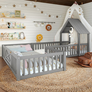 English Elm Twin House Floor Bed with Door and Full-Length Guardrails, Solid Wood Double Twin Floor Bed for Kids' Playful Rooms Grey W1580P354638