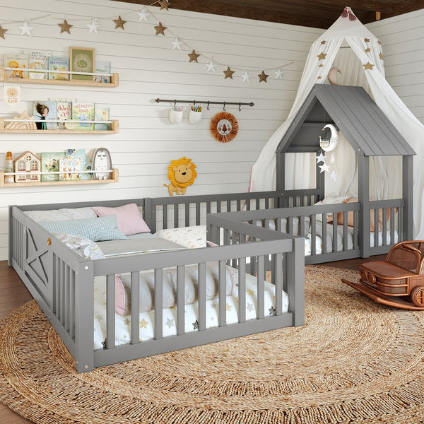 English Elm Twin House Floor Bed with Door and Full-Length Guardrails, Solid Wood Double Twin Floor Bed for Kids' Playful Rooms Grey W1580P354638