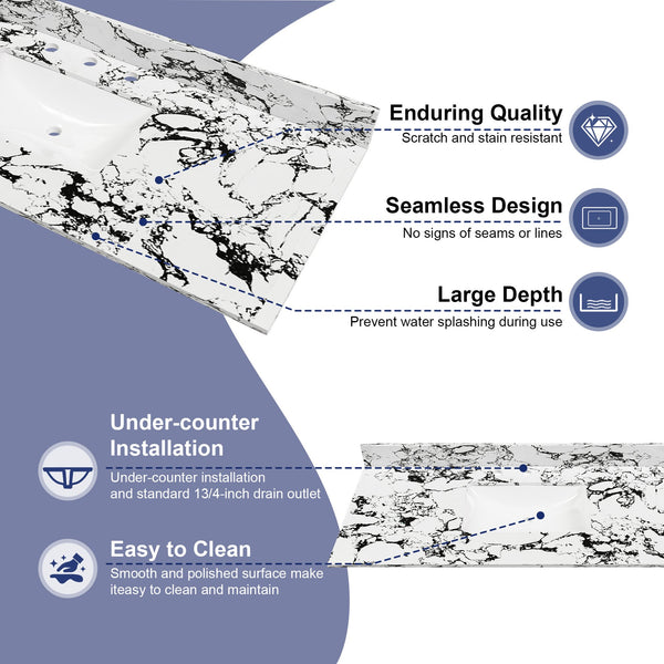 English Elm 49"x22" Sintered Stone Vanity Top with Undermount Ceramic Sink & Backsplash, Panda White, Durable Stain-Resistant Finish W509P362109
