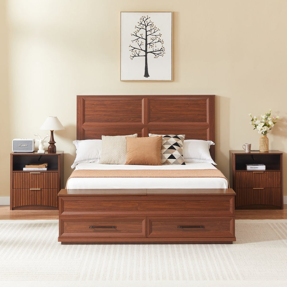 English Elm Queen Storage Bed with Geometric 3d Headboard Four Drawers and Walnut Finish W1820S00045