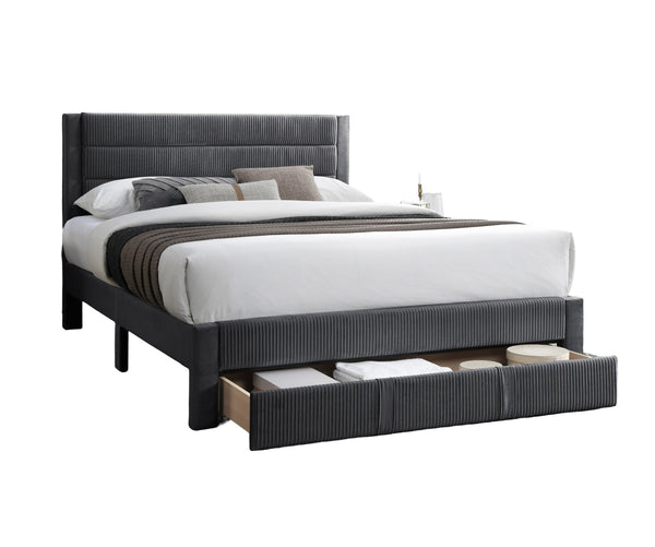 English Elm Luxury Corduroy Upholstered Queen Bed with Horizontal Channel Tufted Headboard and Storage Drawer Charcoal 62 L x 24 W x 10 H B011P238964