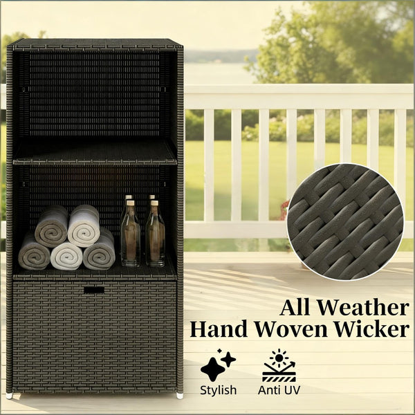 English Elm Outdoor Wicker Towel Rack Two Shelf Pe Rattan Poolside Storage for Patio or Bath Dark Brown T3971P486658