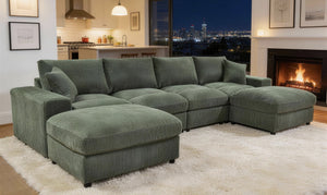 English Elm Sectional with Ottomans Low Profile Modern Minimalist Sofa for Open Living Rooms Dark Green B2748S00092