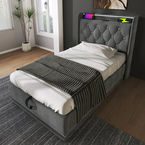English Elm Twin Upholstered Bed with Hydraulic Storage, Surround LED, App/Remote Control & USB Type-C Charging Gray N736P188805G
