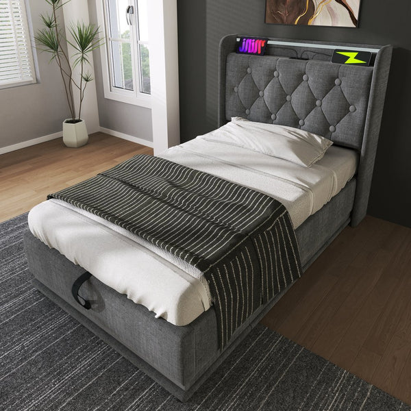 English Elm Twin Upholstered Bed with Hydraulic Storage, Surround LED, App/Remote Control & USB Type-C Charging Gray N736P188805G