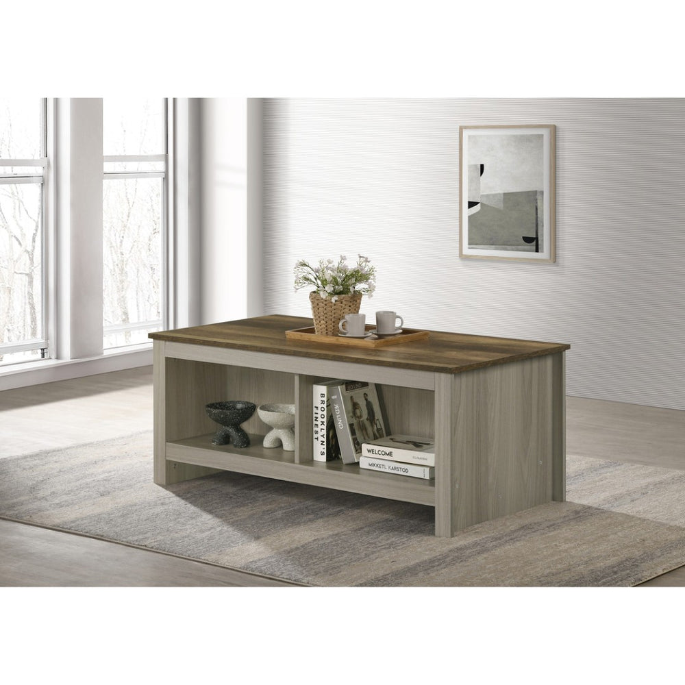 English Elm 43"w Two-tone Oak Coffee Table with Dual Open Shelves for Modern Living Rooms B016P416179