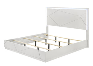 English Elm Esther Queen Bed White & Silver High Gloss MDF w/LED Headboard, Embossed Lines, 660lb Capacity B2726S00548