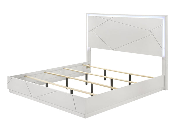 English Elm Esther Queen Bed White & Silver High Gloss MDF w/LED Headboard, Embossed Lines, 660lb Capacity B2726S00548