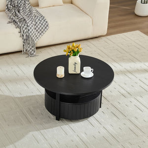 English Elm Round Storage Coffee Table with Drawer Ash Wood Grain Matte Finish Modern Living Room Black W2085P384595