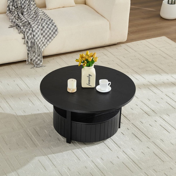 English Elm Round Storage Coffee Table with Drawer Ash Wood Grain Matte Finish Modern Living Room Black W2085P384595