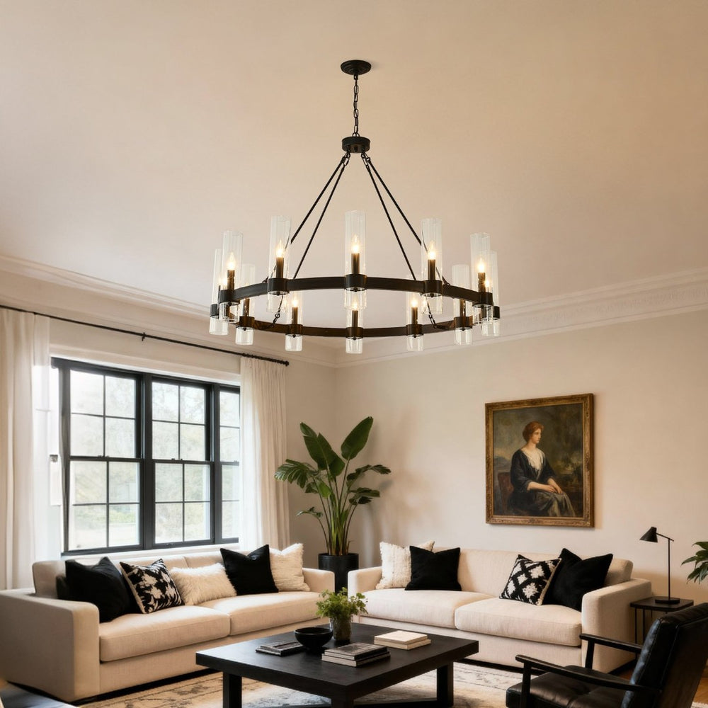 English Elm 43.3''matte Black Wagon Wheel Chandelier 12 Seeded Glass Shades Farmhouse Great Room W5008P392741
